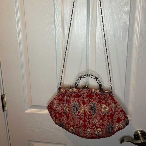 Braciano hand Bag Brass frame &Handle Kiss Lock Red & gold fabric beaded accent - Picture 1 of 9